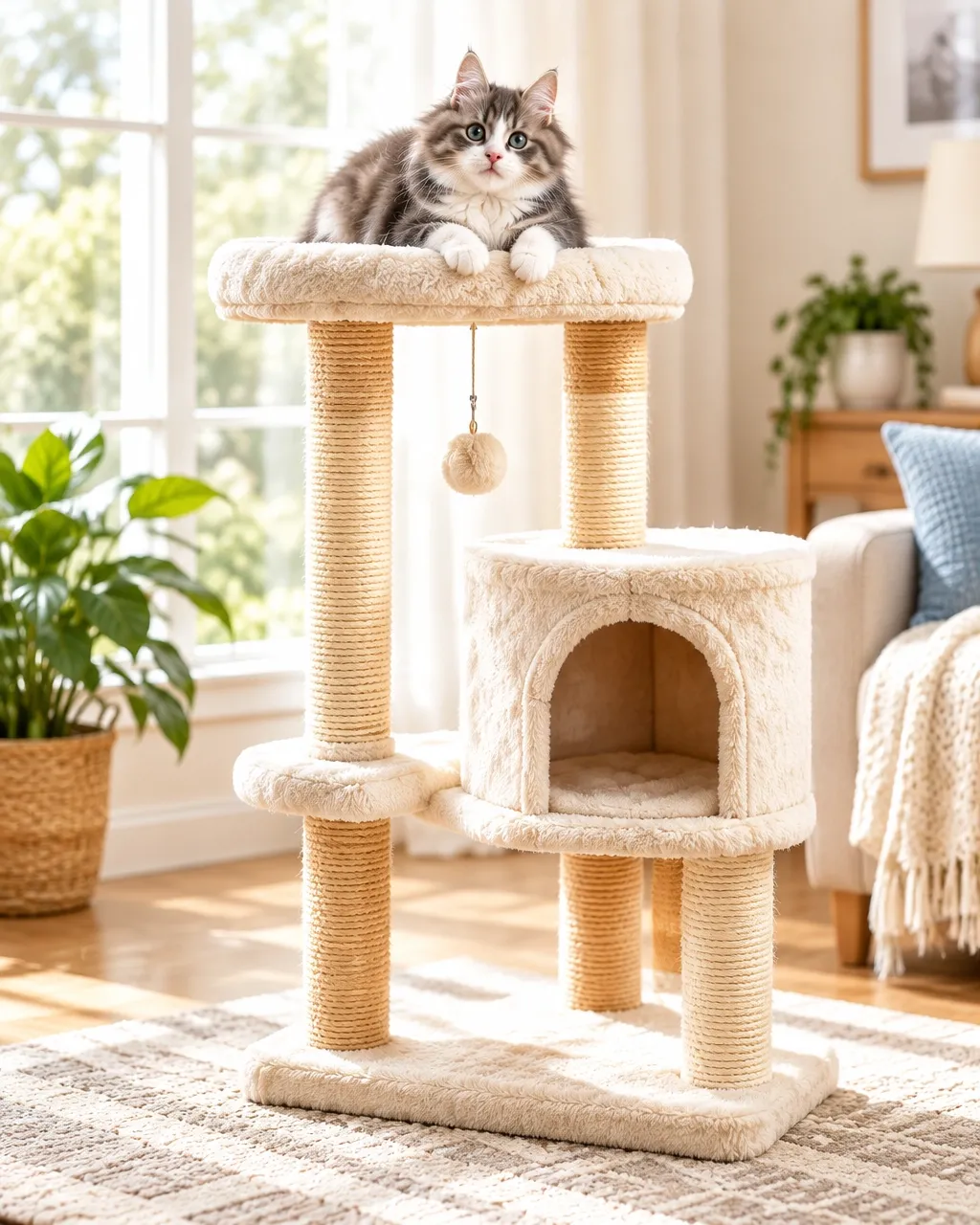 Fluffy kitten resting on a cozy cat tree
