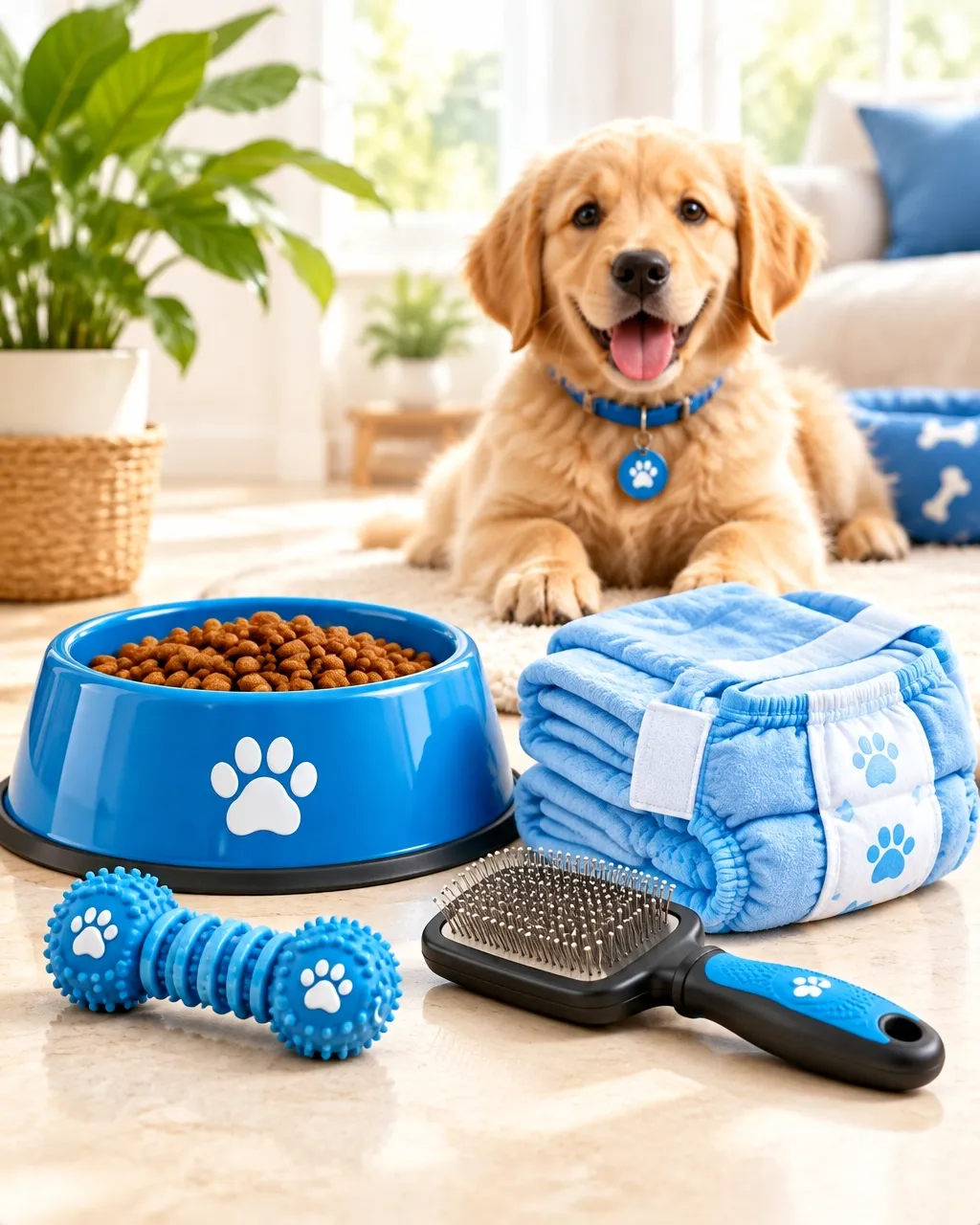 Dog essentials arranged with a happy puppy