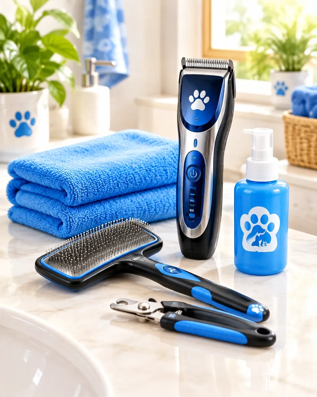 Pet grooming tools arranged on a bright counter