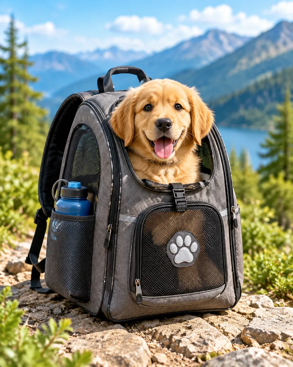 Puppy riding in a mesh carrier backpack outdoors