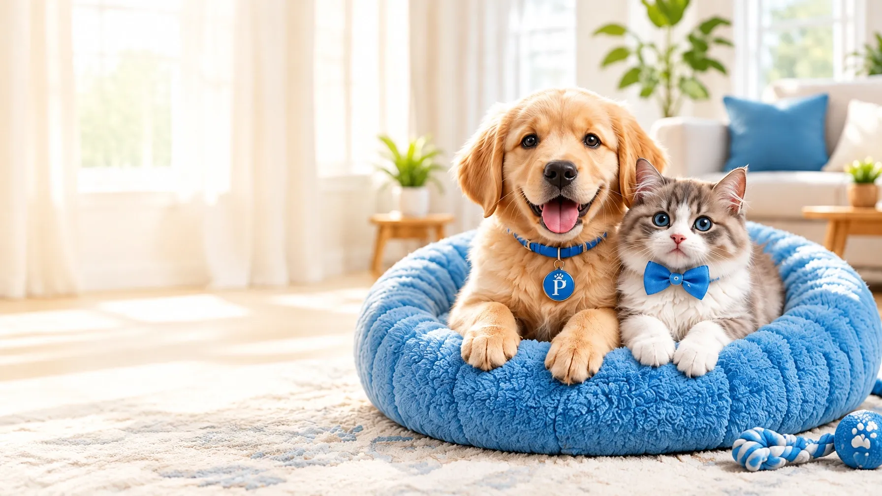 Golden retriever puppy and fluffy kitten cuddling on a blue bed in a bright home